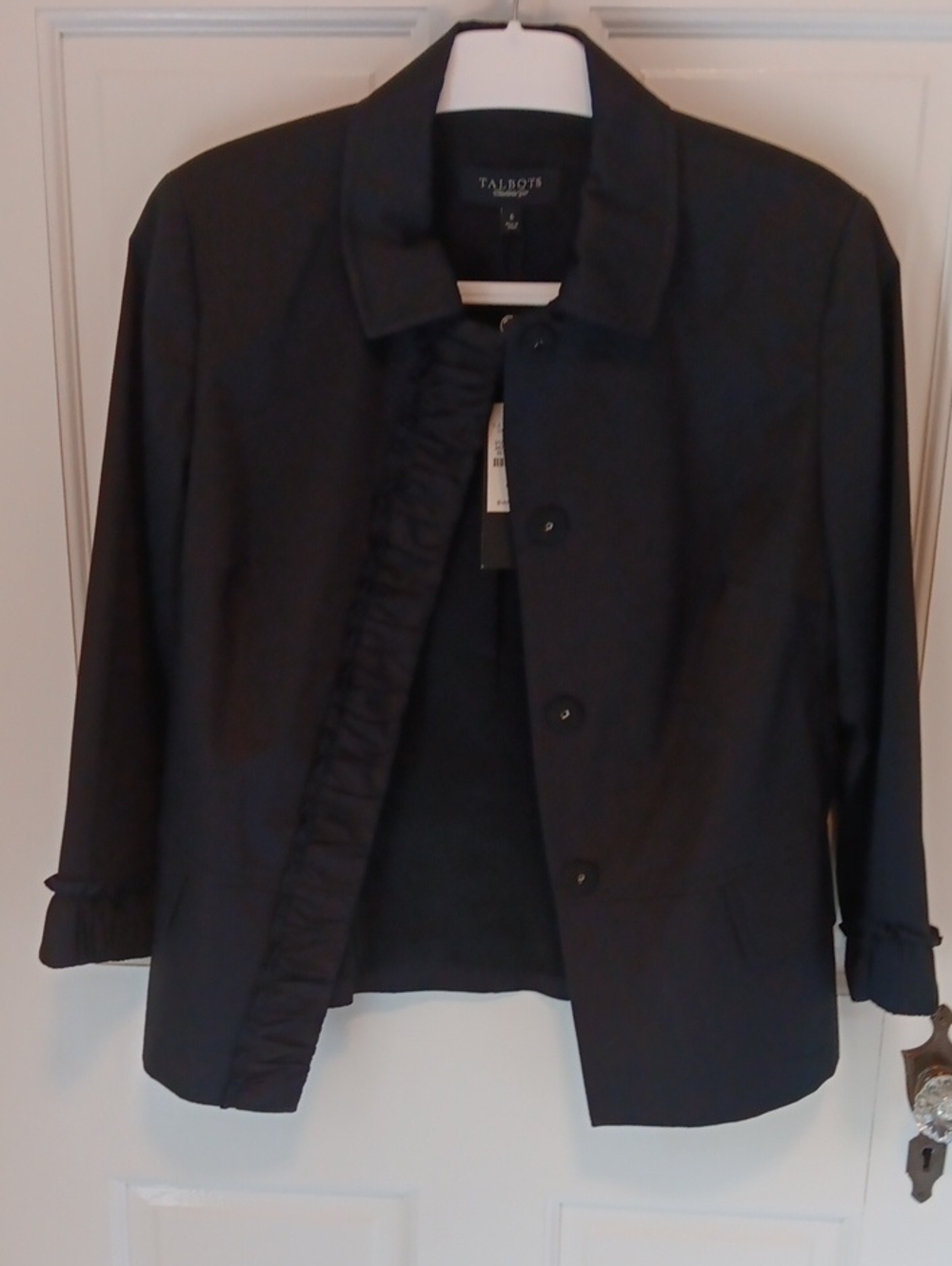 Tablbots Black Ruffle Front Jacket 3/4 Sleeve Button Blazer NWT Size 6